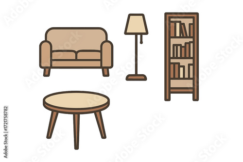 Cozy living room furniture including a sofa, lamp, coffee table, and bookshelf arranged for comfort and functionality