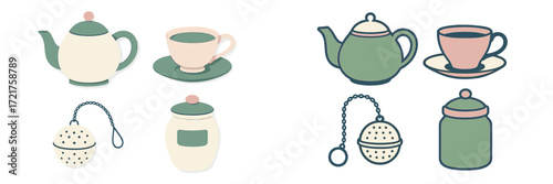 Vintage tea set with teapots, cups, and infusers in pastel colors arranged in a chic layout for a cozy afternoon tea