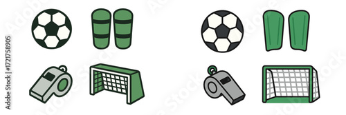 Soccer gear and equipment including balls, shin guards, whistle, and goal posts arranged on a flat surface