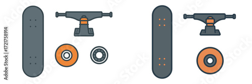 Skateboard parts and assembly tools displayed for construction and maintenance tasks