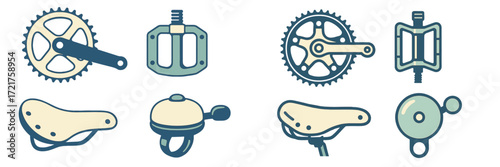 Bicycle parts including pedals, crankset, saddle, and bell displayed in a simple design for cycling enthusiasts and mechanics
