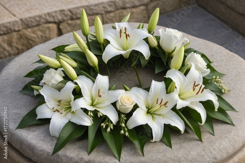 Elegantes Blumenarrangement aus weißen Lilien, ideal für Trauerfeiern oder Gedenkveranstaltungen