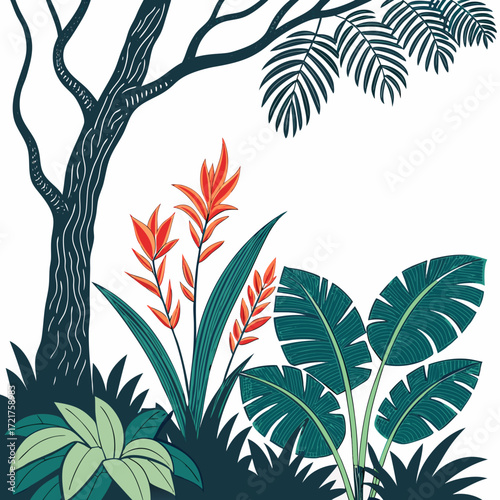 Vibrant tropical jungle foliage with exotic orange heliconia flowers and large green banana leaves