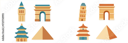 Colorful architectural landmarks in a minimalist design, showcasing various structures from around the world