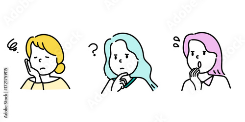 悩んでいる女性のイラストセット
