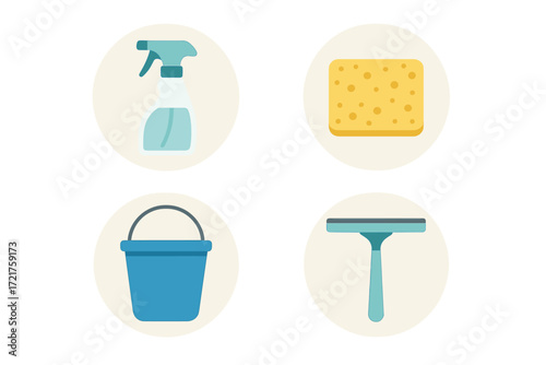 Cleaning tools for effective home maintenance including spray bottle, sponge, bucket, and squeegee arranged neatly