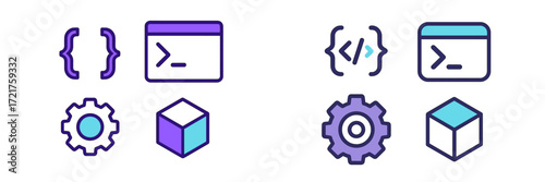 Vector illustrations of coding symbols, software tools, and programming elements for tech design projects