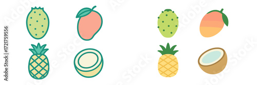 Colorful fruit illustrations showcasing tropical and exotic varieties in a bright and cheerful design