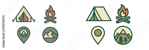Camping symbols with tents, campfires, and mountain icons for outdoor adventure themes