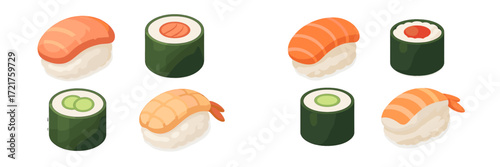 Colorful sushi varieties arranged neatly on a white background showcasing different types of sushi rolls and nigiri