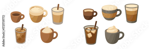 Diverse selection of coffee drinks presented in various styles and colors for cafe enthusiasts