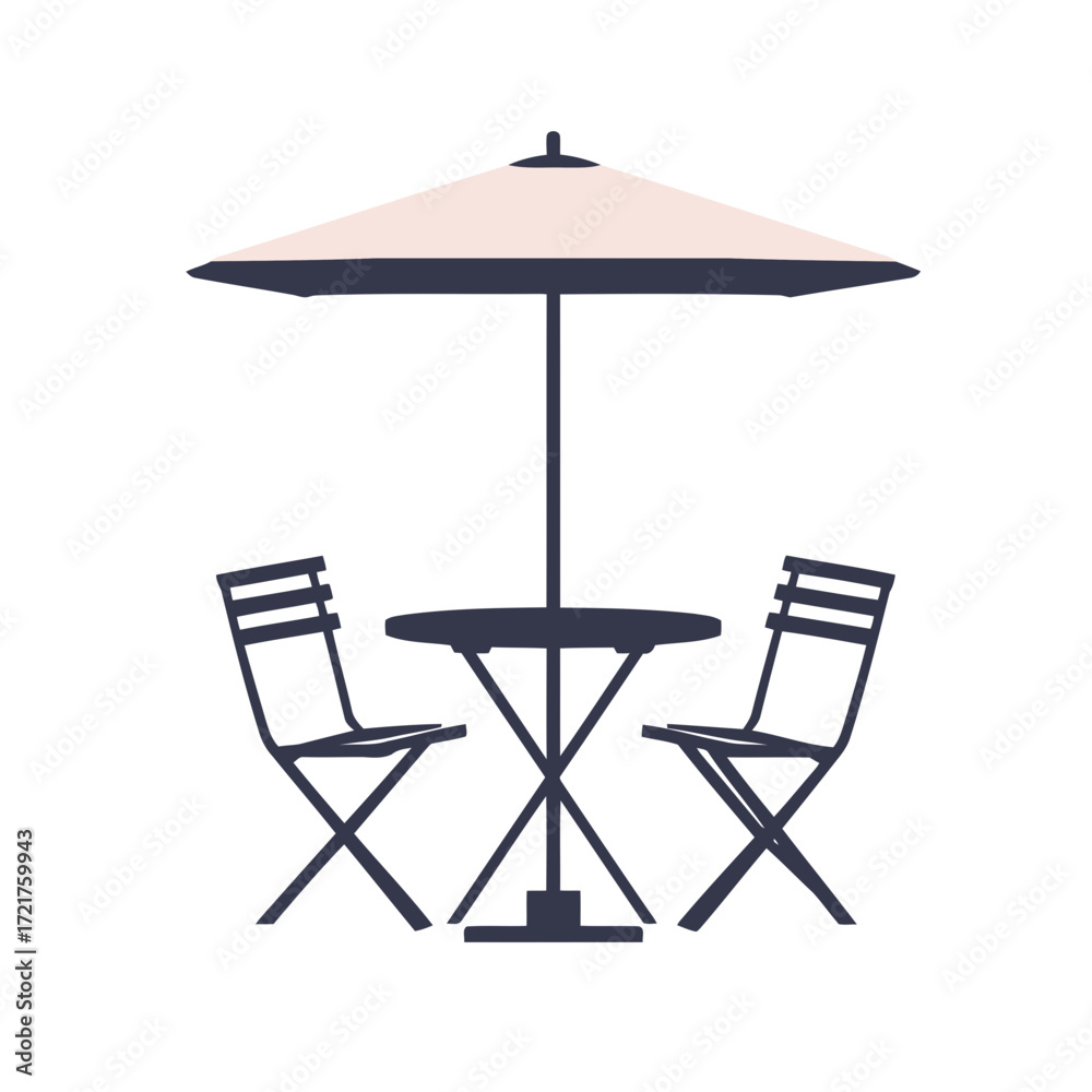 Fototapeta premium Wooden patio furniture, like a table and chairs, or beach chairs and an umbrella, provides an empty seat for relaxation in the summer