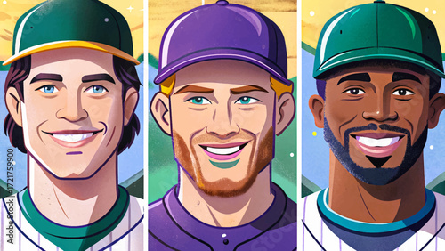 vector of boy baseball players hitting ball set, sporty competition, athletic energy, youth team sports concept.