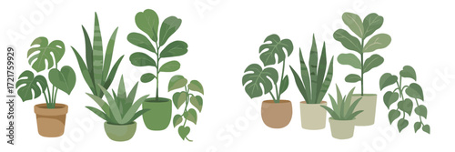 Indoor plants in various pots create a lush green atmosphere in a modern living space