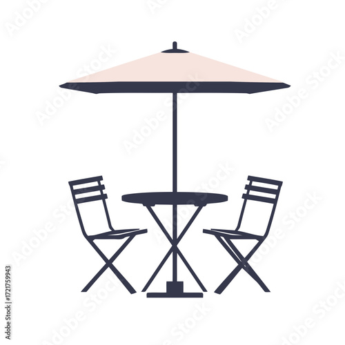 Wooden patio furniture, like a table and chairs, or beach chairs and an umbrella, provides an empty seat for relaxation in the summer