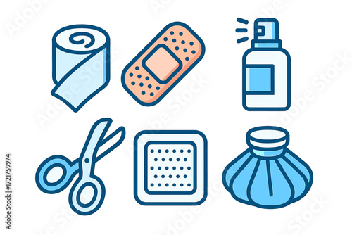 Essential first aid supplies including bandages, scissors, and antiseptic spray for emergency care