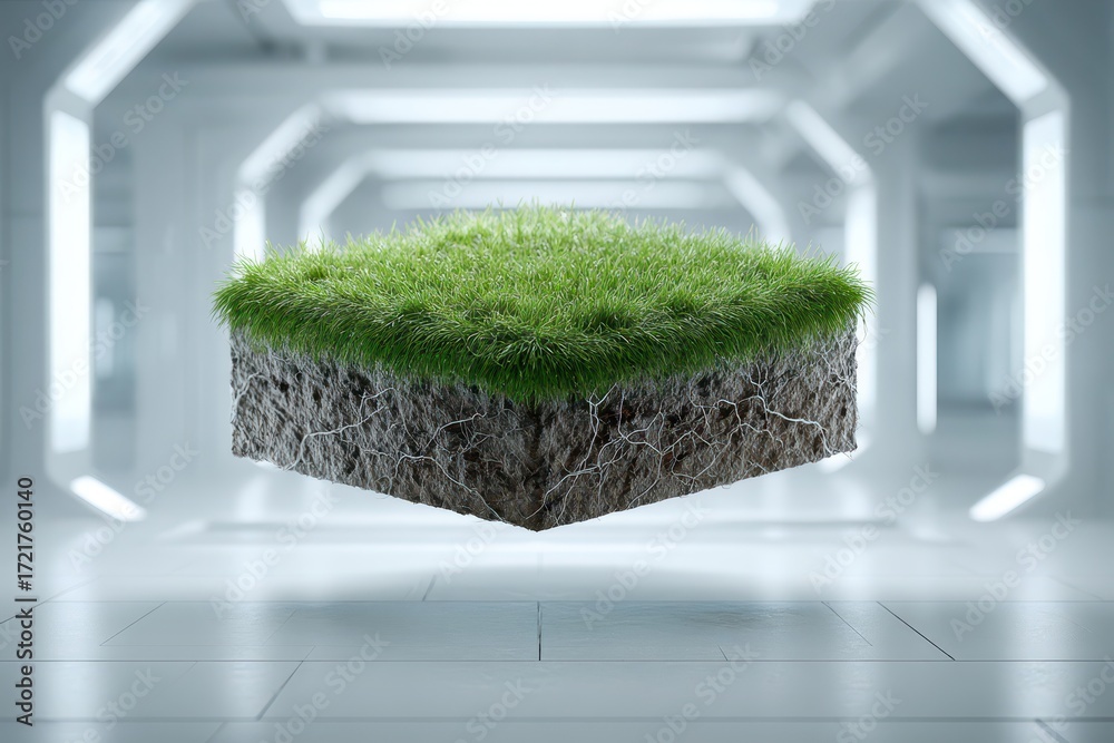 Fototapeta premium A conceptual rendering of a green patch of grass with visible soil, suspended in a modern, sterile white corridor, representing sustainability and environmental awareness.