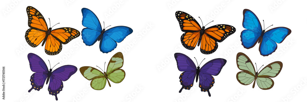 Fototapeta premium Colorful butterflies in various shades and patterns displayed against a white background create an eye-catching scene for nature lovers