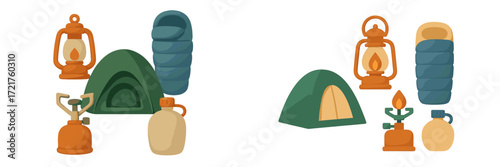 Camping gear including lanterns, sleeping bags, and tents for outdoor adventure preparations