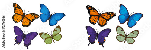 Colorful butterflies in various shades and patterns displayed against a white background create an eye-catching scene for nature lovers