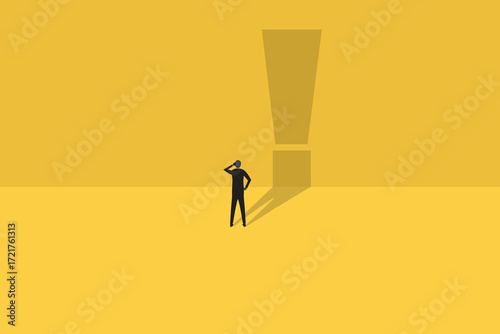 Business solution or strategy vector concept with businessman and exclamation mark on wall. Symbol of planning, business future. Eps10 illustration