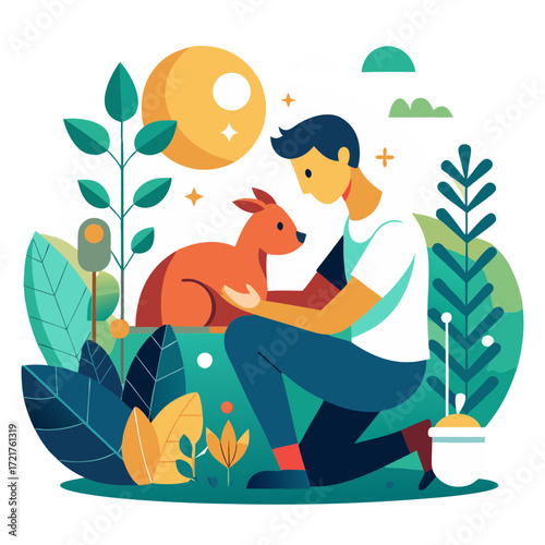 Person gently holding a kangaroo surrounded by lush green plants and a bright sun