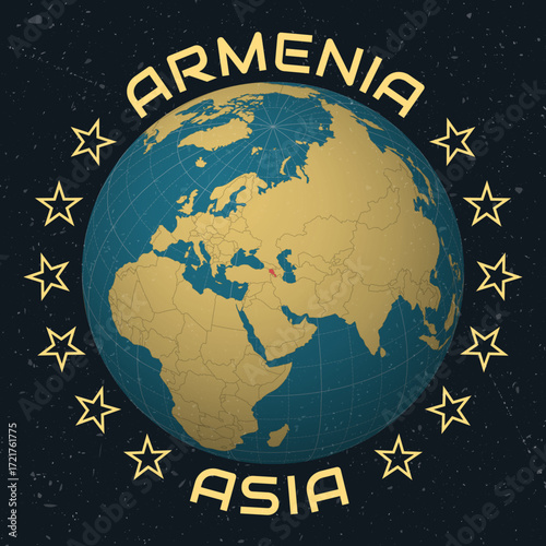 Armenia on Globe. Country name round text. Vintage look with grunge scratched texture. Country view on world map in Sky Blue Light Yellow color palette. Armenia shape on map.