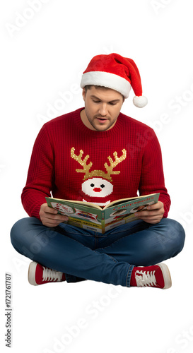Man wearing Santa hat and Christmas sweater reading a holiday storybook, festive winter activity perfect for family gatherings