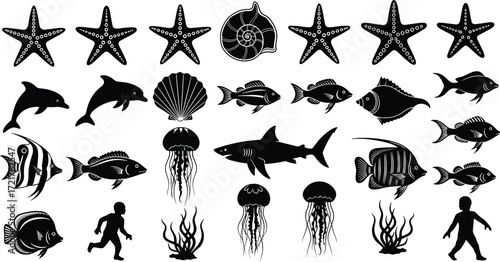 Silhouette marine life vector illustration with fish, dolphins, shark, jellyfish, shells, seaweed, ocean animals, underwater wildlife, aquatic nature design