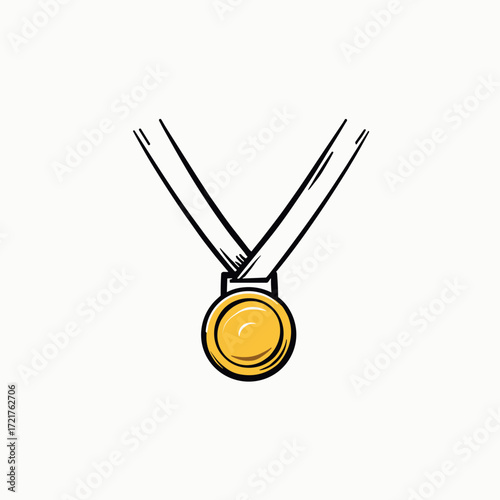 Gold medal with ribbon in simple hand-drawn style  