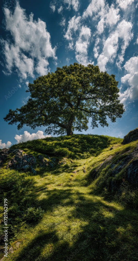 Fototapeta premium Majestic tree atop a hill, dramatic sky