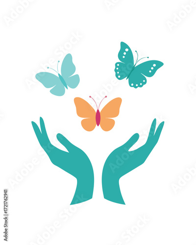 Two hands holding up three colorful butterflies