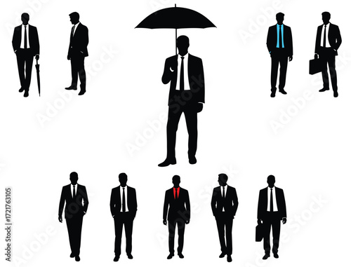 Businessman Silhouette Vector Set, Professional Men in Suits with Umbrella