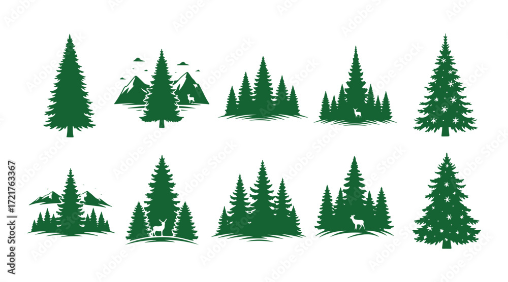 Obraz premium Christmas firs are designed as monochrome emblems with silhouettes of fir trees that grow in a coniferous forest, suitable for winter clothing design vector illustration.