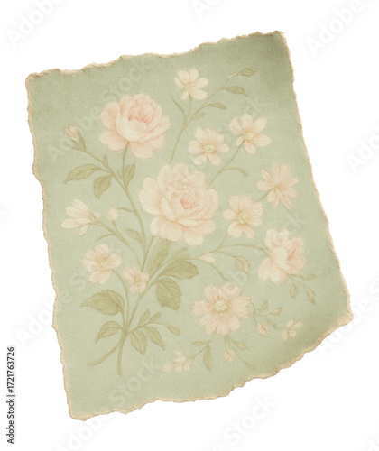 Torn vintage green paper with floral print.