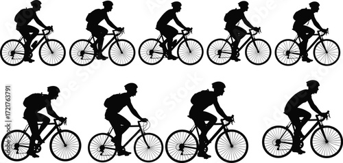 Silhouettes of cyclist riding bicycle with backpack and helmet in various pedaling positions, sports motion sequence, outdoor transportation vector illustration