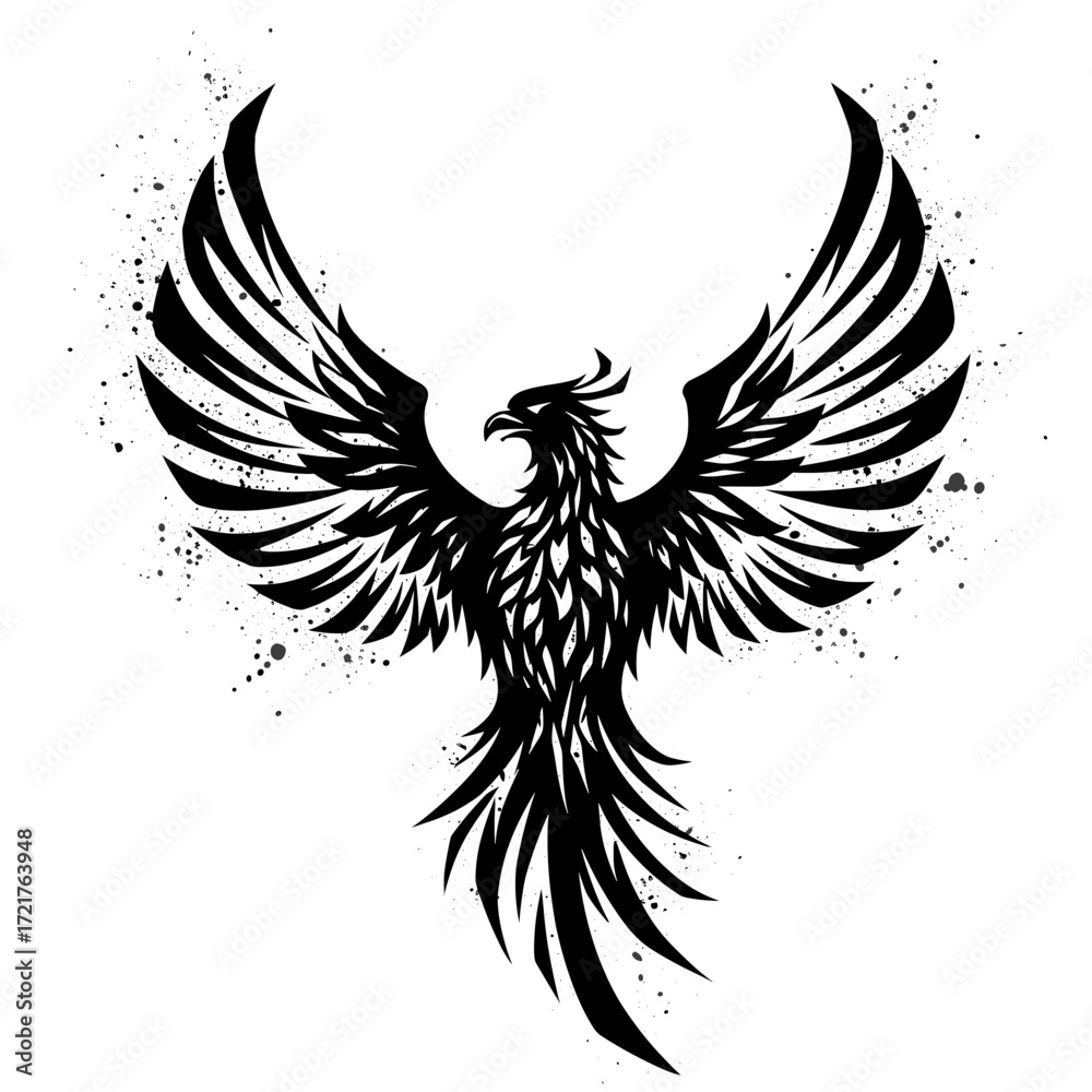 Fototapeta premium Black phoenix illustration with outstretched wings and splatter effects 