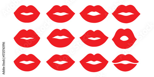 Icons of female lips. Girl mouth close up expressing different emotions symbol collection. Vector illustration