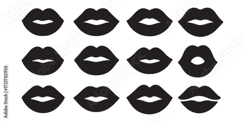 Icons of female lips. Girl mouth close up expressing different emotions symbol collection. Vector illustration