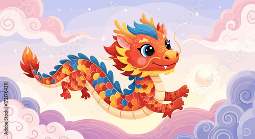 Adorable Cartoon Baby Dragon Flying in Clouds.