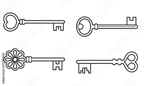 Elegant Collection of Decorative Key Outline Illustrations A Nostalgic Ensemble of Ornamental Key Designs Antique and Vintage Inspired