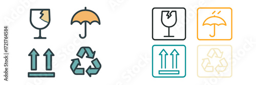 Design elements illustrating fragile items, protective measures, and recycling symbols in a modern style