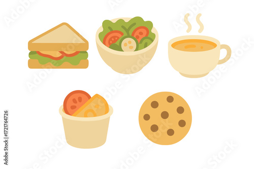 Colorful meal display featuring sandwich, salad, soup, dessert, and cookies on a simple background