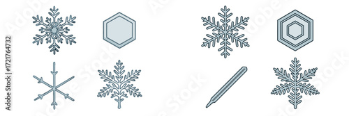 Different designs of snowflakes and geometric shapes displayed on a simple light background