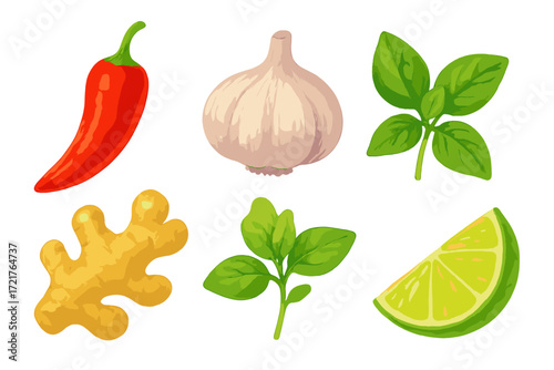 Fresh ingredients for a vibrant culinary dish featuring chili, garlic, ginger, lime, and fresh herbs
