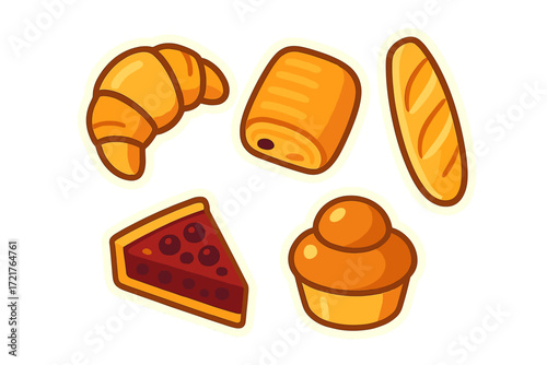 Variety of baked goods including croissant, roll, baguette, dessert slice, and muffin displayed together