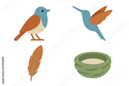 Colorful collection of bird illustrations featuring a bluebird, hummingbird, feather, and nest set against a clean background