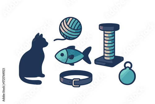 Cat and its favorite toys displayed together in a playful and colorful arrangement