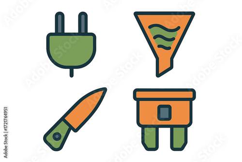 Tools and equipment for home improvement and DIY projects showcasing electrical plug, funnel, knife, and toolbox