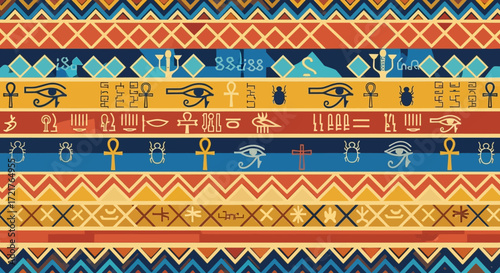 Ancient Egyptian Hieroglyphic and Geometric Pattern Background.